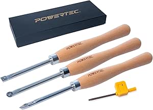 POWERTEC 3 Pcs Carbide Lathe Tools for Woodturning, Wood Lathe Tools with Flat Edge Square, Round and Diamond, T15 Star Key Wrench, Lathe Tools with Replaceable Blade (71825)