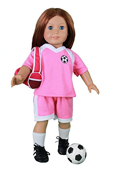 Doll Clothes for American Girl Dolls: 6 Piece Soccer Star Outfit - "Dress Along Dolly" (Includes Shorts, Shirt, Socks, Cleats, Sports Duffle Bag, and Soccer Ball)