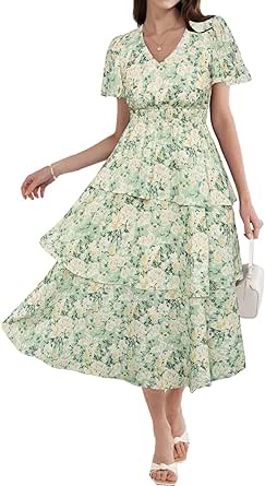 GRACE KARIN Women's 2024 Summer Floral Midi Dresses Casual Flutter Short Sleeve Tiered Flowy A Line Cocktail Dress