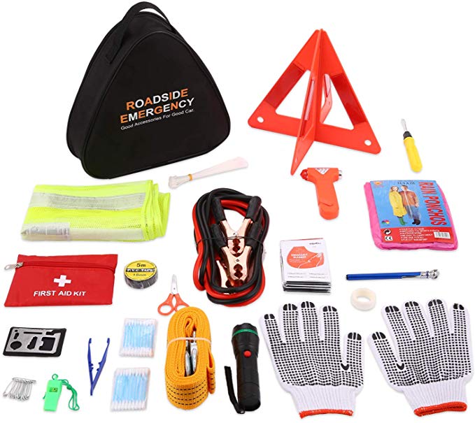 Coocheer Car Emergency Kit, Multifunctional Roadside Assistance Safty Kit - First Aid Kit, Jumper Cables, Tow Rope, Triangle, Flashlight, Safety Hammer & More Ideal Survival Pack Accessories (40-In-1)