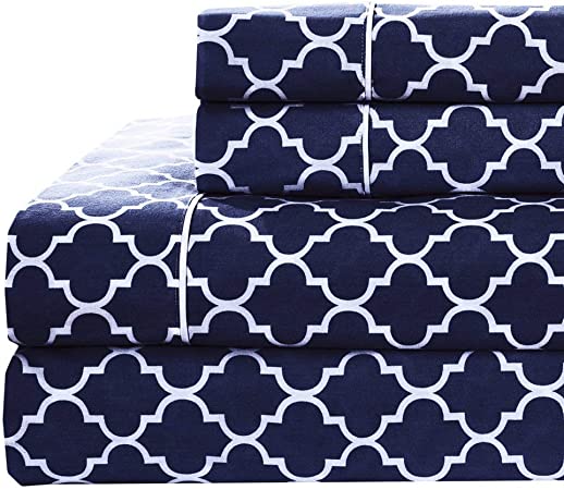 Meridian Navy and White Brushed Sateen Cotton Sheets, 5pc Adjustable Split Cal King, Bed Sheet Set 100-Percent Cotton, Superior Sateen Weave, Crispy Soft, Deep Pocket, Modern Reactive Print