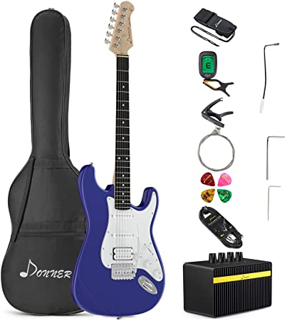 Donner DST-100R Full-Size 39 Inch Electric Guitar Sapphire Blue with Amplifier, Bag, Capo, Strap, String, Tuner, Cable and Pick