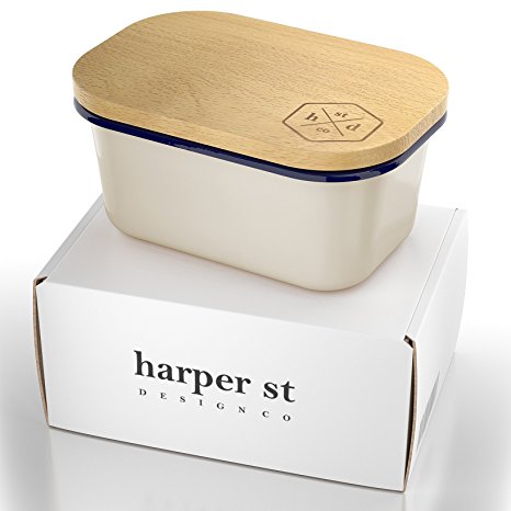 Large Butter Dish with Lid (White/Blue) | Covered Enamel Keeper with Beech Wood Top | Tray Keeps Up to One (1) Pound of Stick Butter Fresh | Durable Plate, Deep Container with Cover by Harper St