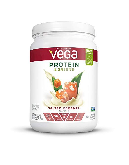 Vega Protein & Greens Salted Caramel (17 servings, 18 oz) - Plant Based Protein Powder, Gluten Free, Non Dairy, Vegan, Non Soy, Non GMO - (Packaging may vary)