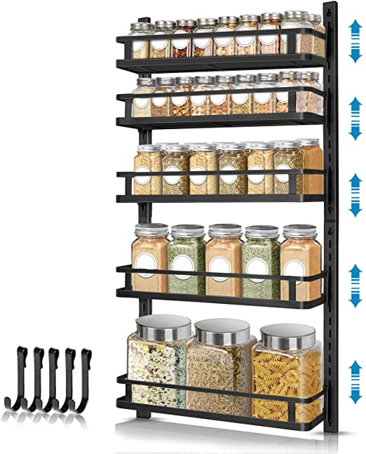 Wall Mount Spice Rack Organizer, AHNR 5 Tier Height-adjustable Spice Shelf Storage Wall Spice Rack Hanging Spice Organizer with 5 Hooks, Dual-use Seasoning Shelf Rack for Kitchen Cabinet Pantry Door