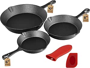 Cast Iron Skillet 3-Piece Set - Professional Pre-Seasoned Heavy-Duty Pan Cookware - 10 Inch, 8 Inch, 6 Inch Pans with Scraper & Handle Sleeve for Frying, Sautéing, Cooking, Baking