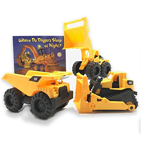 Growing Hero Toy State CAT Construction Trucks & Where Do Diggers Sleep At Night? Board Book Set by
