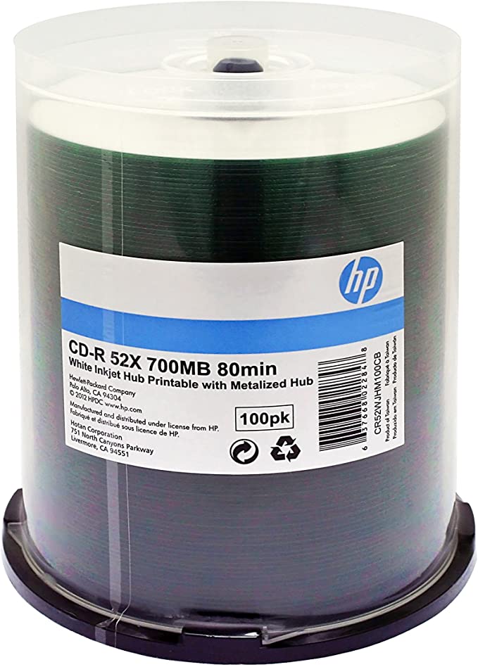 HP CD-R 52X 80 MIN White Inkjet Printable METALIZED HUB 100PK C/B