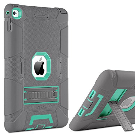 iPad Air 2 Case, BENTOBEN [Hybrid Shockproof Case] with KickStand Rugged Triple-Layer Shock Resistant Drop Proof Case Cover for iPad Air 2 with Retina Display / iPad 6, Gray/Mint Green