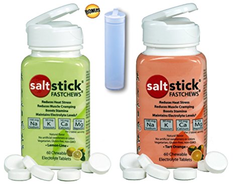 SaltStick FASTCHEWS® Variety 2-Pack - 60 Count Bottles of Tart Orange & Zesty Lemon-Lime with free Race Ready Tube