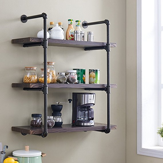 Homissue 3-Shelf Rustic Pipe Shelving Unit, 31.5-Inch Vintage Industrial Pipe Wall Shelf, Espresso-Brown