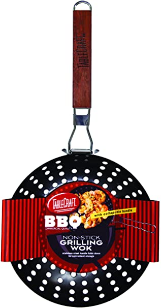 TableCraft BBQ19H BBQ Nonstick Grill Wok with Wood Handle, Small, Steel