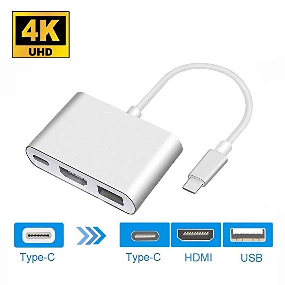 Heckia USB C to HDMI Adapter, USB 3.1 Type C to HDMI 4K Adapter with USB 3.0 and Charging Port for MacBook Chromebook Pixel USB C Devices to HDTV Projector, Silver
