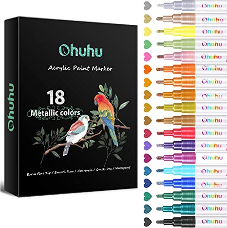 Metallic Acrylic Markers Pen, Ohuhu 18-color Paint Pens for Rock Painting Art, DIY Ceramic, Water-Based Metallic Glitter Acrylic Ink Painting for Porcelain, Metal, Wood, Fabric Valentine's Day DIY