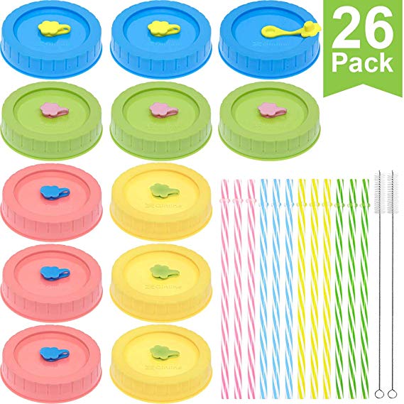 [26 Pack] WIDE Mouth Mason Jar Lids for Ball, Kerr, etc with Straw Hole/Straws/Silicone Stoppers/Rings/Clean Brush, Rust-proof BPA Free Colored Plastic Mason/Canning Jar Drinking Lids/Food Storage Cap