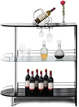 COSTWAY Bar Cabinets Table with 2-Holder, Modern Liquor Display Bar Cabinet with Tempered Glass Shelves, Wine Storage with Wine Glass Holders Ideal for Home/Kitchen/Bar/Pub, Black