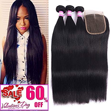 Malaysian Hair 4 Bundles With Closure Straight Remy Hair with 4x4 Lace Closure Human Hair Extensions Natural Black Double weft by Resaca (18 20 22 24 with 16 Free Part)