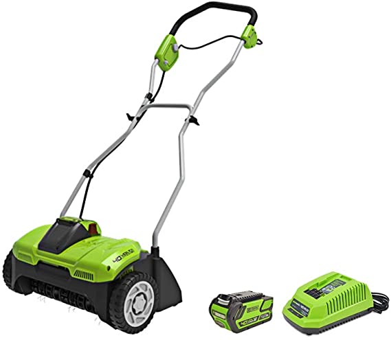 Greenworks 40V 14-Inch Cordeless Dethatcher/Scarifier, 4Ah Battery and Charger Included DHF301