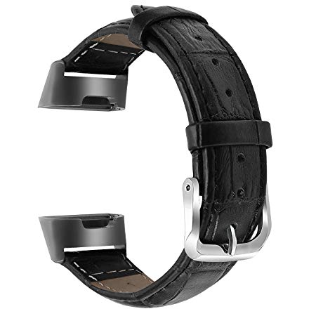Issmolog Leather Bands Compatible for Fitbit Charge 3 and Charge 3 SE, Classic Genuine Leather Wristband with Rose Gold or Black Connectors for Fitbit Charge 3 Women Men Small Large