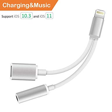 2 in 1 Lighting Adapter Phone XS Max, Phone Audio Charger Adapter & Splitter, Worice Lighting to 3.5mm Aux Headphone Charger Cable Phone X 10/XR/XS /XS Max/8/7/6, Support iOS 12