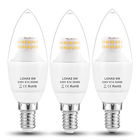 LOHAS C37 6Watt E14 LED Candle Bulbs, 60Watt Incandescent Bulb Equivalent, 550lm, Warm White 3000K, Non Dimmable, Small Edison Screw Candle Light Bulbs, 220-240V AC, Pack of 3 Units