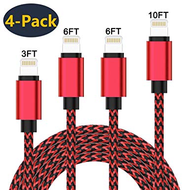 Lightning Charging Cable 4Pack(3/6/6/10FT) Nylon Braided Charging Cable Cord USB Cable Charger Compatible iPhone Xs MAX XR 8 8 Plus 7 7Plus 6s 6sPlus 6 6Plus 5 5s 5c SE Pad Pod and More-Red