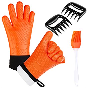 BBQ Oven Gloves - Heat Resistant Extra Forearm Protection, Including Shredder Claws and Silicone Basting Brush, Essential Tools Set for Grilling, Cooking and Baking