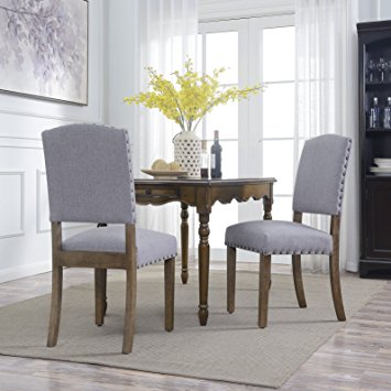 Belleze Modern Upholstered Dining Chair | Parsons | Linen Fabric | Nail head |Set of 2 |Grey