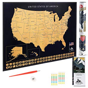 USA Scratch Off Map by Vespigo - 24x17 - National Parks - State Flags - Scenic Trails - Bonus Accessories Pack with Unique Discover America brochure