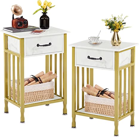 VECELO Nightstands Set of 2, Industrial Side/End Tables with Drawer and Storage Shelf, Night Stands for Bedroom, Living Room, Wood Metal Furniture, Easy Assembly, 2 Pack, Gold