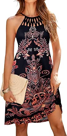 Bluetime Womens Summer Casual Halter Dress Crochet Hollow Out A-line Floral Boho Beach Sundresses with Pockets