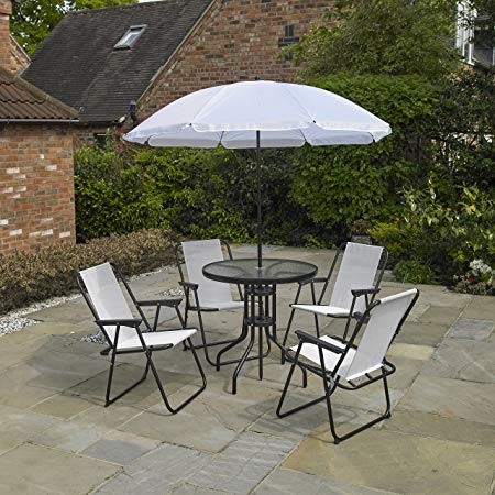 Kingfisher FSPROMOC 6 Piece Cream Garden Furniture, Patio Set inc. 4 x Chairs, Table & Parasol, Cream & Black