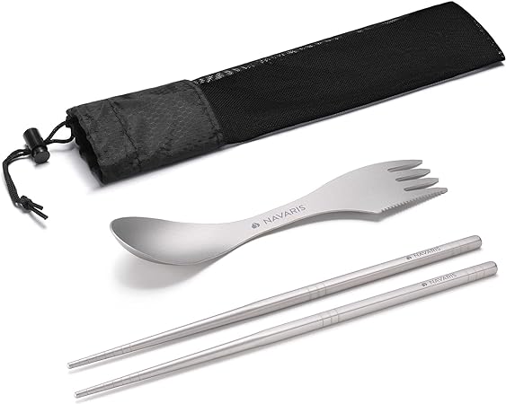 Navaris Titanium Chopsticks and Spork Set - Includes 9" (23cm) Long Metal Chopstick Pair and 8" (20.4cm) Long Double-Ended Spoon/Fork with Knife Edge