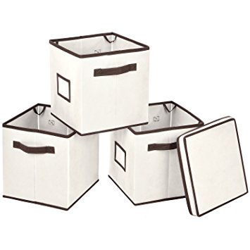 Foldable Storage Bins with Lid, MaidMAX Set of 3 Stackable Storage Cubes Fabric Containers Organizers Drawers with 1 Top Lid, Label Holders & Dual Handles for Shelves Closet DVD Nursery, Beige