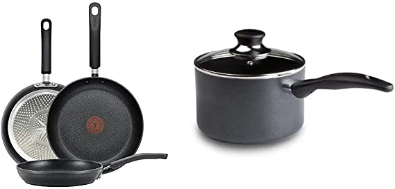 T-fal E938S3 Professional Total Nonstick Thermo-Spot Heat Indicator Fry Pan Cookware Set, 3-Piece, 8-Inch 10.5-Inch and 12.5-Inch, Black & Specialty 3 Quart Handy Pot w/ Glass Lid