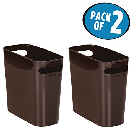 mDesign Slim Rectangular Trash Can Wastebasket, Garbage Container Bin with Handles for Bathrooms, Kitchens, Home Offices, Dorms, Kids Rooms — Pack of 2, 10 inch high, Shatter-Resistant Plastic, Dark B