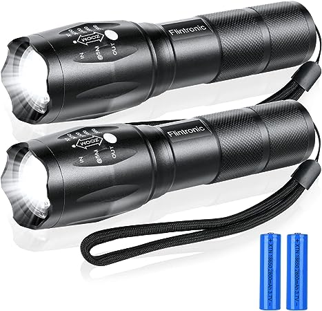 flintronic Linterna LED de Alta Potencia, 2 x Linternas LED con 2 x Batería Recargable, 2000Lúmenes 5Modos Impermeable Zoomable Ultra Brillante Linterna Táctica para Acampar