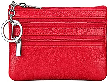 Fueerton Women's Genuine Leather Coin Purse Mini Pouch Change Wallet with Key Ring (Red)