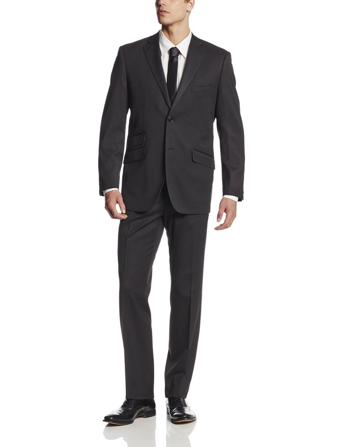 Perry Ellis Men's Black Tic-Stripe Two-Button Side-Vent Slim Suit