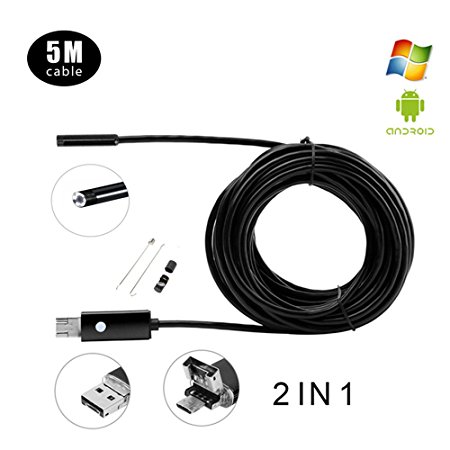 2 in 1 Smart USB Endoscope, 2017 NEW 8mm Borescope Inspection Camera With 6LED 2.0MP HD Camera for PC,Laptops Windows system and Android Smartphones (5M)