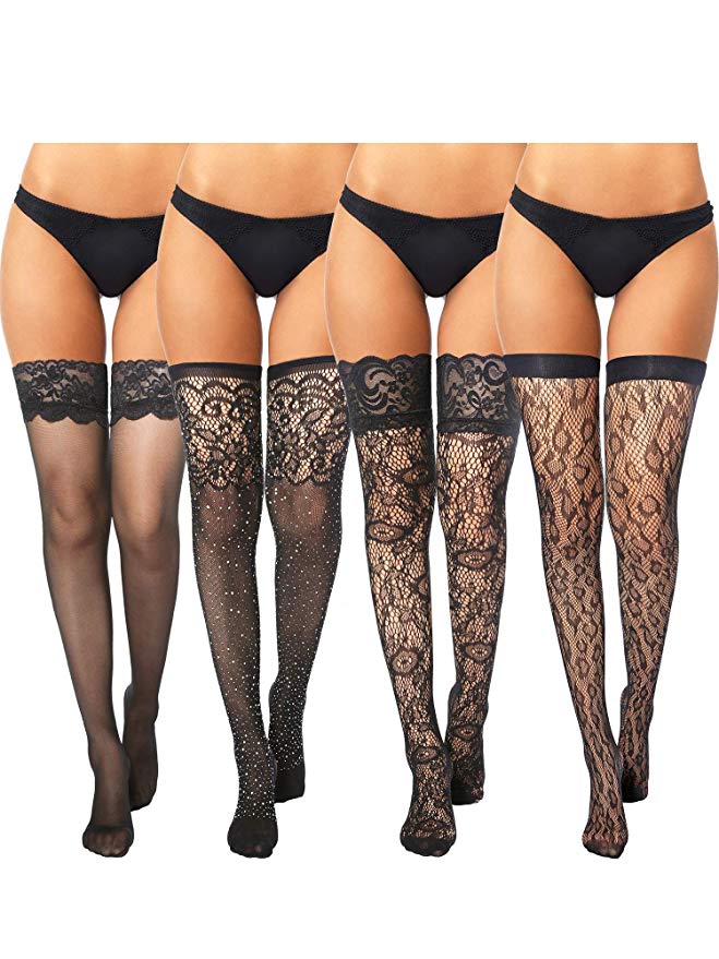 4 Pairs Women Thigh High Stocking Silicone Lace Top Stockings Silk Stocking Tights for Women Girls