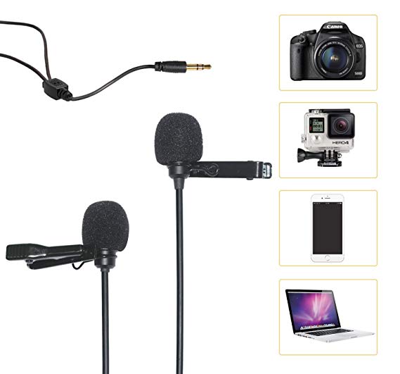 Comica CVM-D02 Dual-head Lavalier Microphone Clip-on mini Omnidirectional Condenser mic interview microphone for Apple Iphone,Ipad,Ipod,Android,DSLR,Sony Canon camera,GoPro 3,4,5(Black)(117inch)