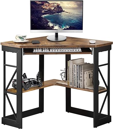 VECELO Corner Computer Desk Writing Smooth Keyboard Tray & Storage Shelves,Compact Home Office Triangle Table, Antique Brown