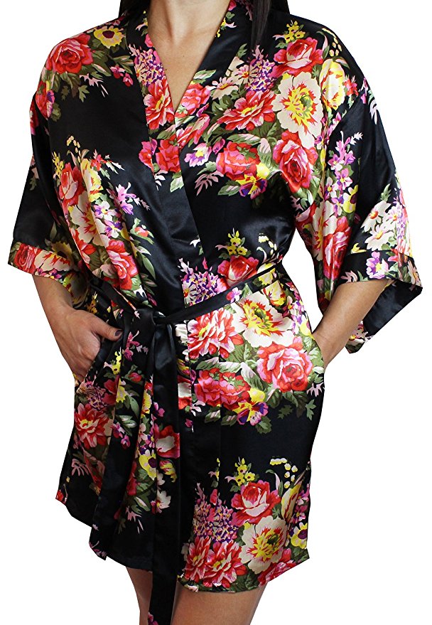 Ms Lovely Women's Floral Satin Kimono Short Bridesmaid Robe With Pockets - Silky Touch