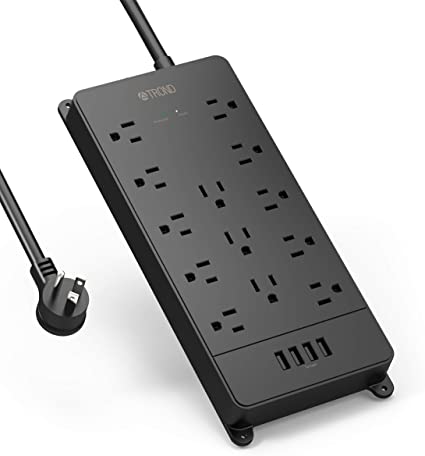 TROND Surge Protector Power Bar with 4 USB Ports, ETL Listed, 13 Widely-Spaced Outlets, Flat Plug, 4000 Joules, 5ft Extension Cord, Wall Mountable, Black