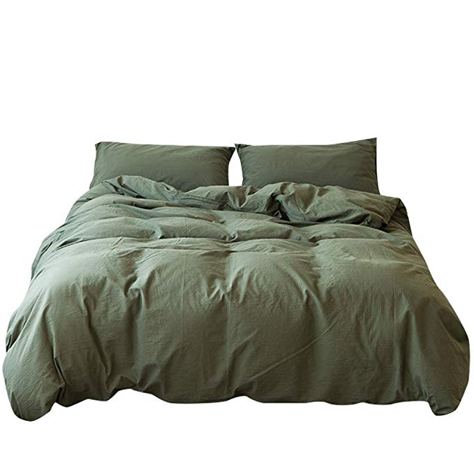 MKXI Bedding Sets Dark Green Natural 100% Washed Cotton Duvet Cover Set with Zipper Cloure Simple Style, Queen