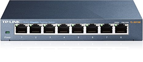 TP-Link TL-SG108 8-Port 10/100/1000Mbps Desktop Gigabit Steel Cased Switch, IEEE 802.1p QoS, Up to 72% Power Saving