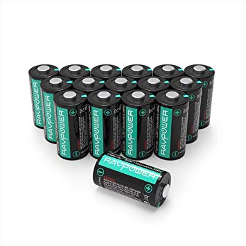 CR123A 3V Lithium Battery RAVPower Non-Rechargeable Lithium Batteries, 16-Pack, 1500mAh Each, 10 Years of Shelf Life for Arlo Cameras, Polaroid, Flashlight, Microphones [CAN NOT BE RECHARGED]