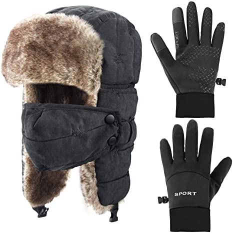 2 Pcs Winter Hat and Golves Set Include Knit Plush Lined Trapper Hat and Windproof Waterproof Ski Touchscreen Gloves