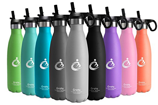 Grsta Stainless Steel Vacuum Insulated Sports Water Bottle Double Wall Design, 500ml, 750ml & 1000ml BPA Free For Running, Gym/Yoga/Cycling/Outdoors/Camping, with Pop Up Straw Cap and Coffee Click Lid